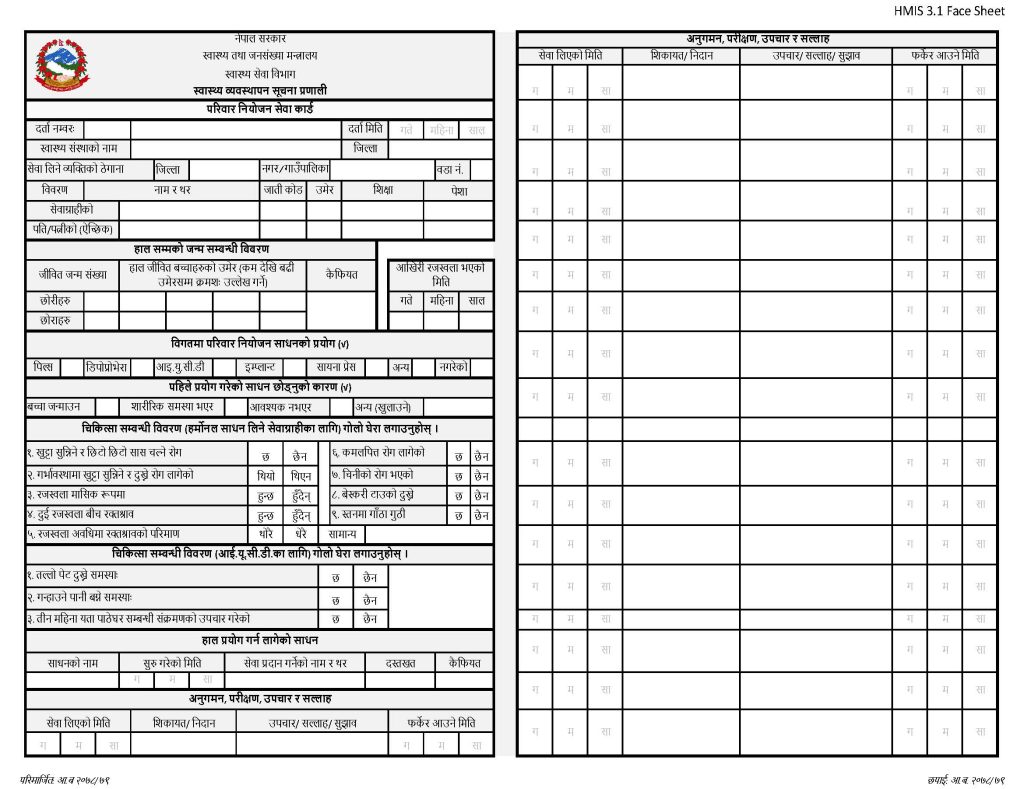 HMIS 3.1- Face Sheet (परिवार नियोजन सेवा कार्ड)