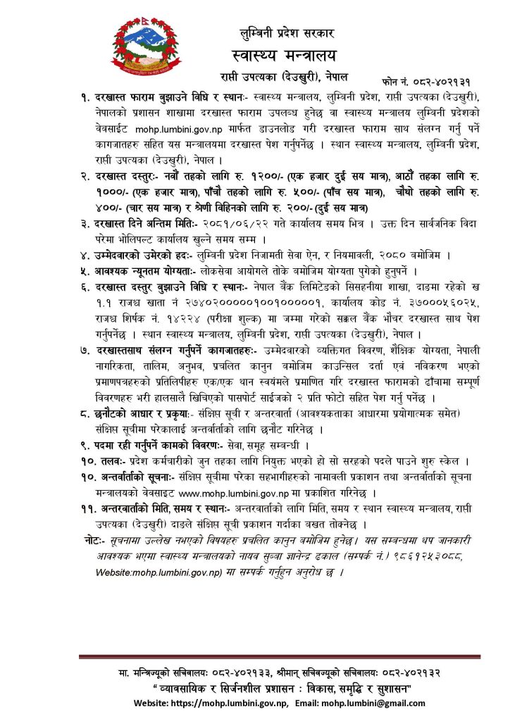 लुम्बिनी प्रदेश सरकार, स्वास्थ्य मन्त्रालय अन्तर्गत भालुवाङ अस्पतालका लागि सेवा करारमा पदपूर्ति सम्बन्धी सूचना ।