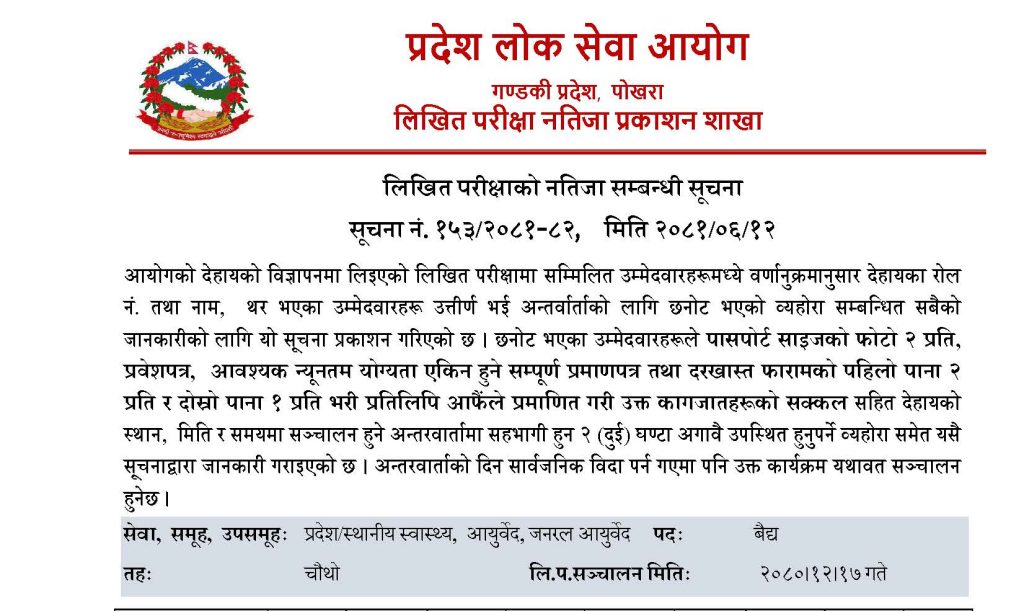Written Exam Result-Gandaki Province