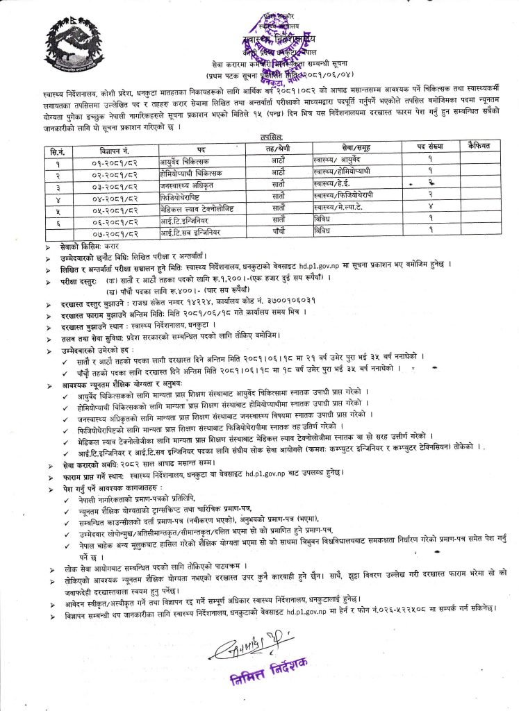 सेवा करारमा कर्मचारी आवश्यक्ता सम्वन्धी स्वास्थ्य निर्देशनालय, धनकुटाको सूचना ।