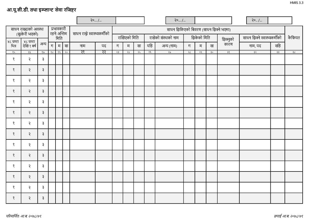 HMIS 3.3- FP Temporary Method IUCD/Implant Service Register (आइ.यु.सी.डी./इम्प्लाण्ट सेवा रजिष्टर)_Page_2