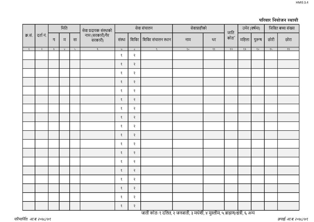 HMIS 3.4- Sterilization Service Register (परिवार नियोजन स्थायी (बन्ध्याकरण) सेवा रजिष्टर)_Page_1