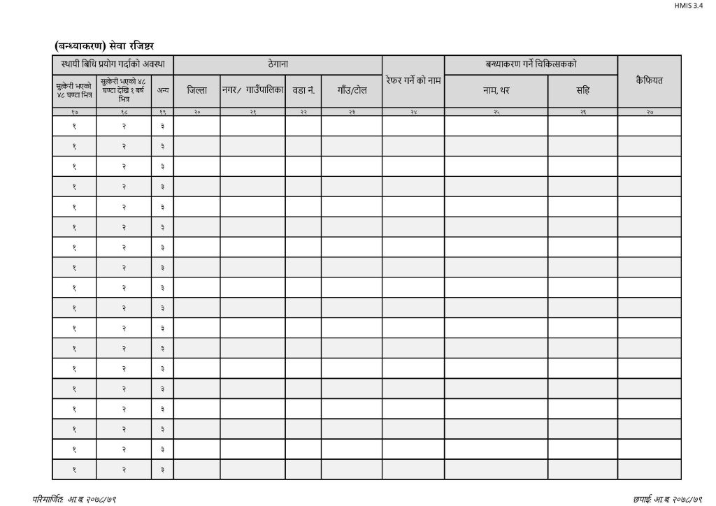 HMIS 3.4- Sterilization Service Register (परिवार नियोजन स्थायी (बन्ध्याकरण) सेवा रजिष्टर)_Page_2