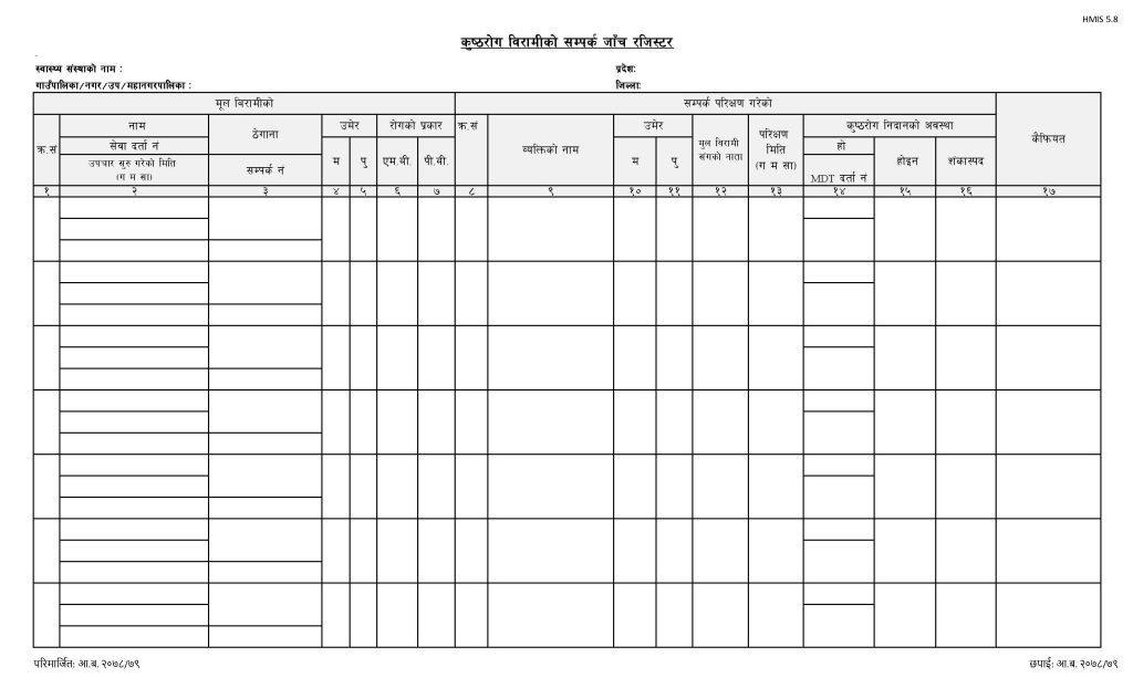 Leprosy Contact Service Register (कुष्ठरोग बिरामीको सम्पर्क जाँच रजिष्टर)