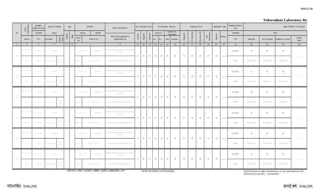 Tuberculosis Laboratory Register (Xpert MTB/RIF & MTB/XDR) (क्षयरोग प्रयोगशाला रजिष्टर (एक्सपर्ट))_Page_1