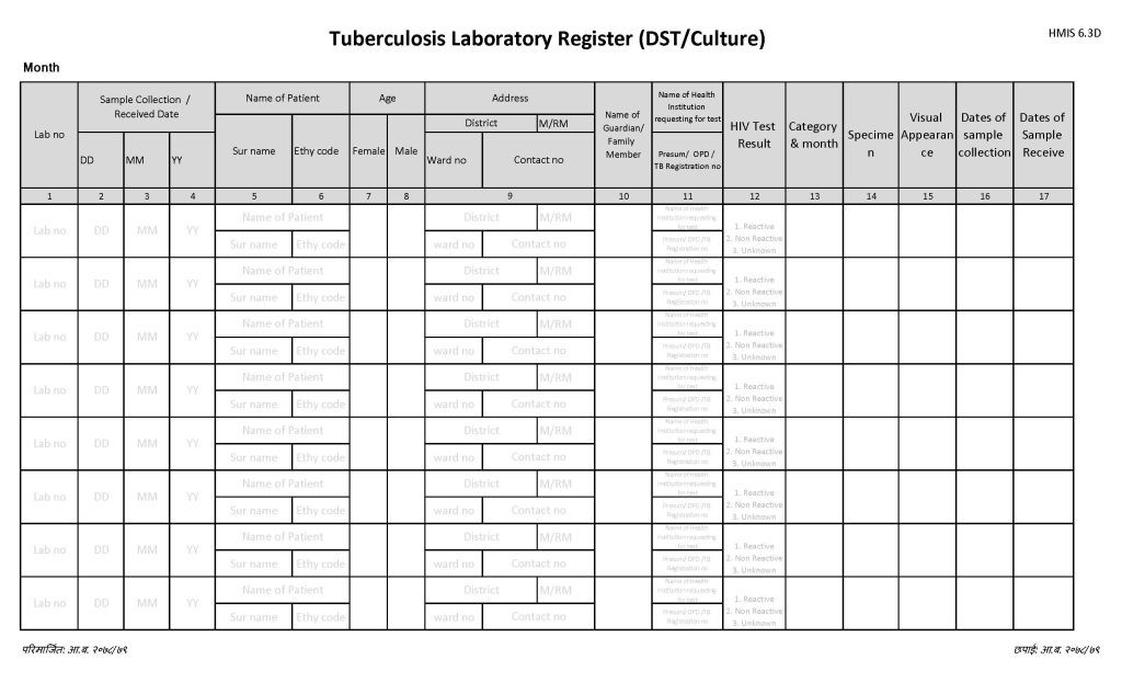 Tuberculosis Laboratory Register (DST/Culture) (क्षयरोग प्रयोगशाला रजिष्टर (डी एस टी/कल्चर))_Page_1