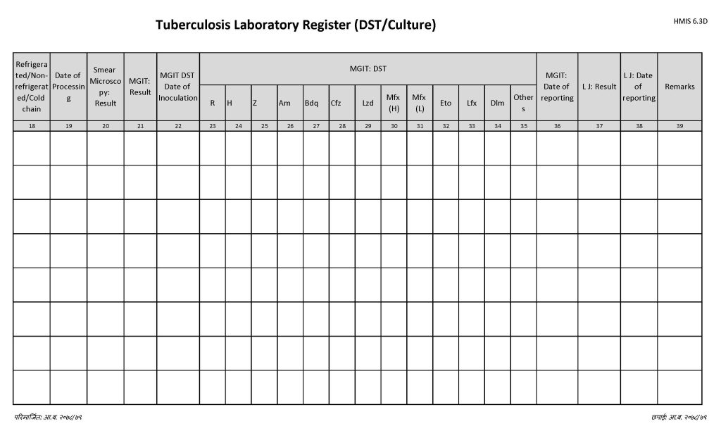 Tuberculosis Laboratory Register (DST/Culture) (क्षयरोग प्रयोगशाला रजिष्टर (डी एस टी/कल्चर))_Page_2