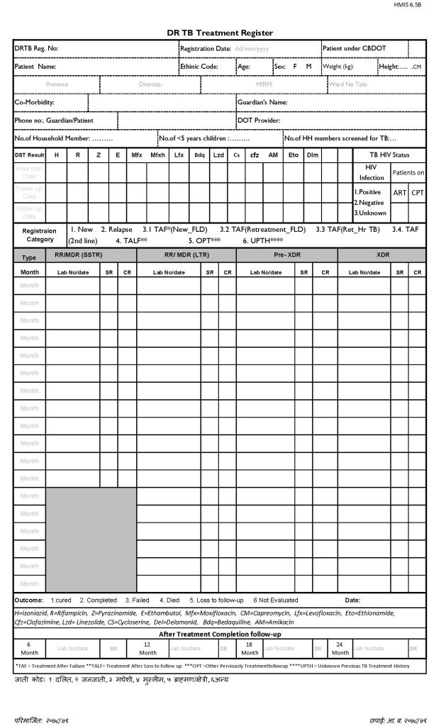 DR Tuberculosis Treatment Register (औषधी प्रतिरोधी क्षयरोग उपचार रजिष्टर)