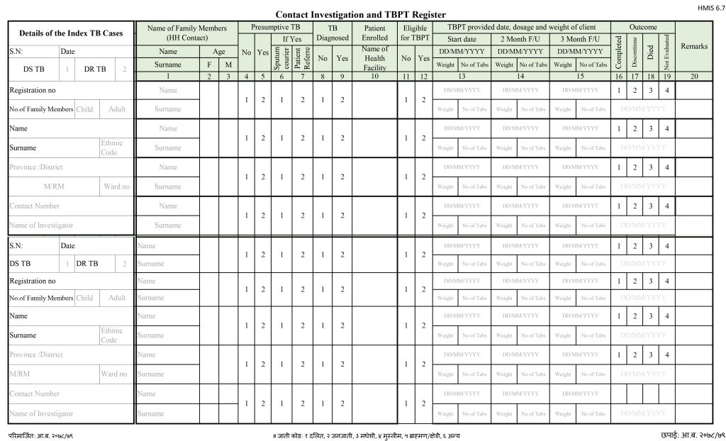 Contact Investigation and Tuberculosis Preventive Therapy Register (सम्पर्क परीक्षण तथा क्षयरोग प्रतिरोधात्मक उपचार रजिष्टर)