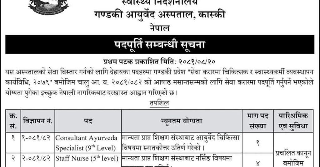 Vacancy Announcement- Gandaki Ayurveda Hospital, Kaski